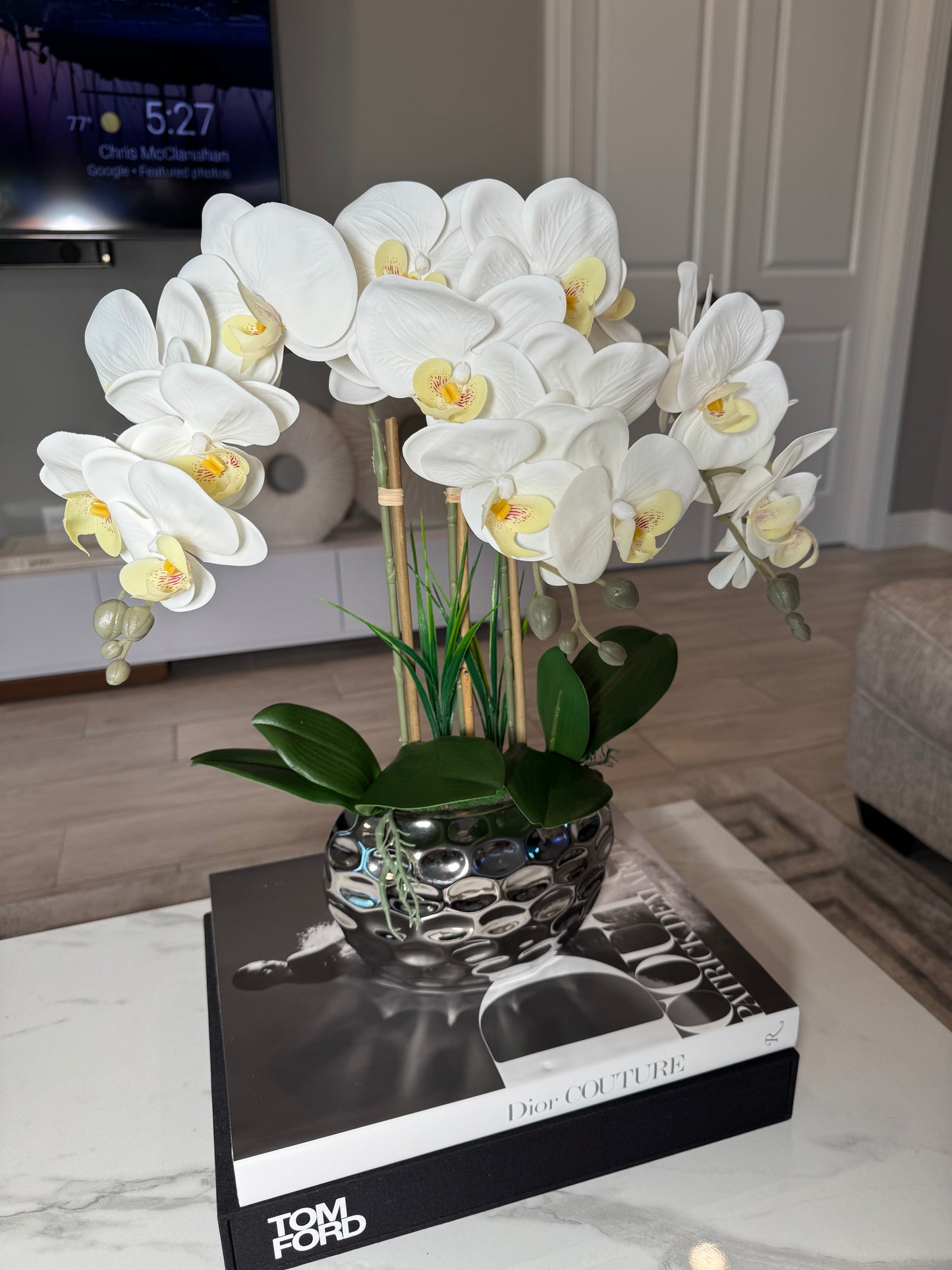 Giulia White Orchid Arrangement in Beveled Silver Ceramic Vase Silk