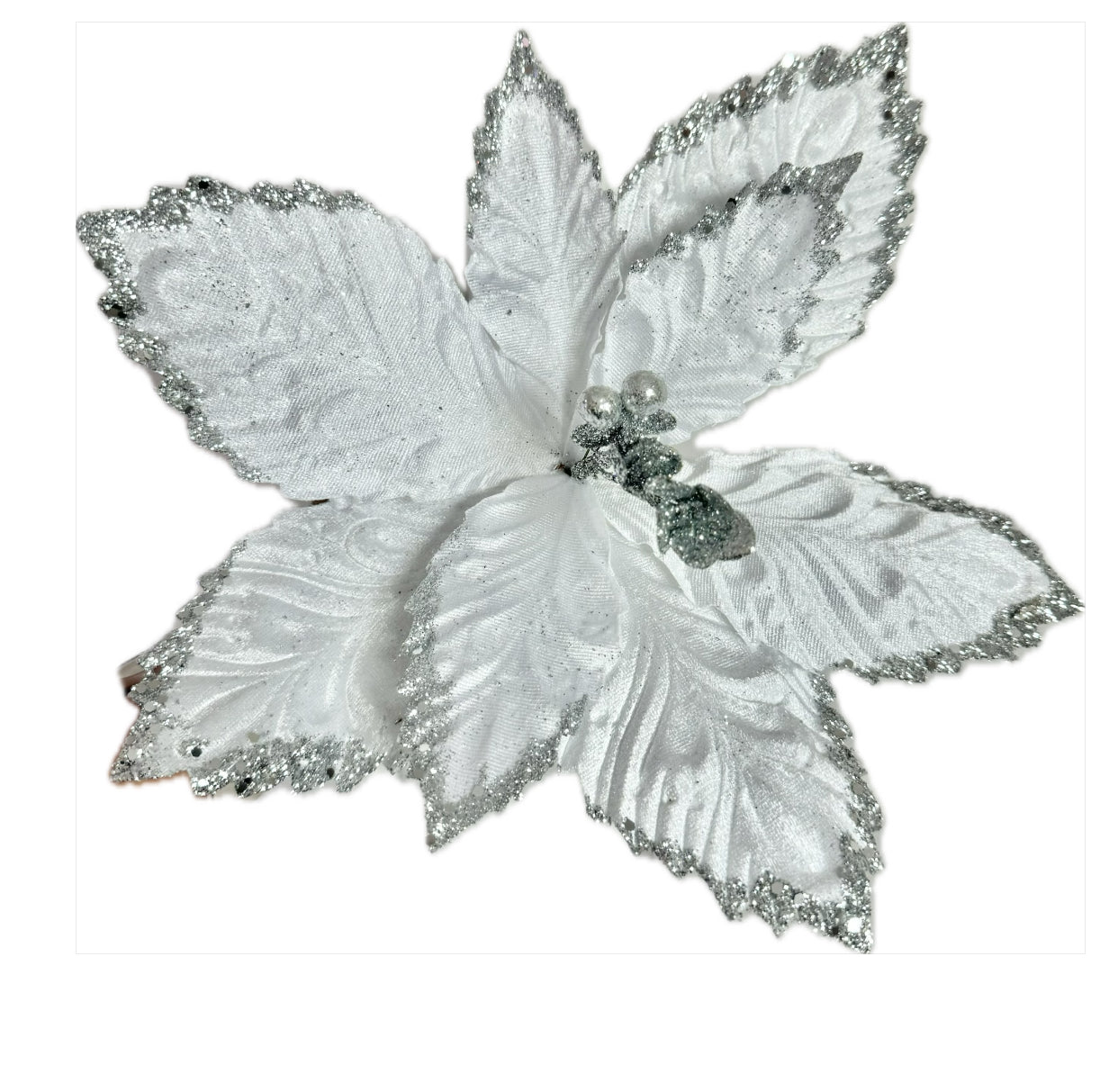 White and Silver Poinsettia Christmas Artificial Stems set of 3