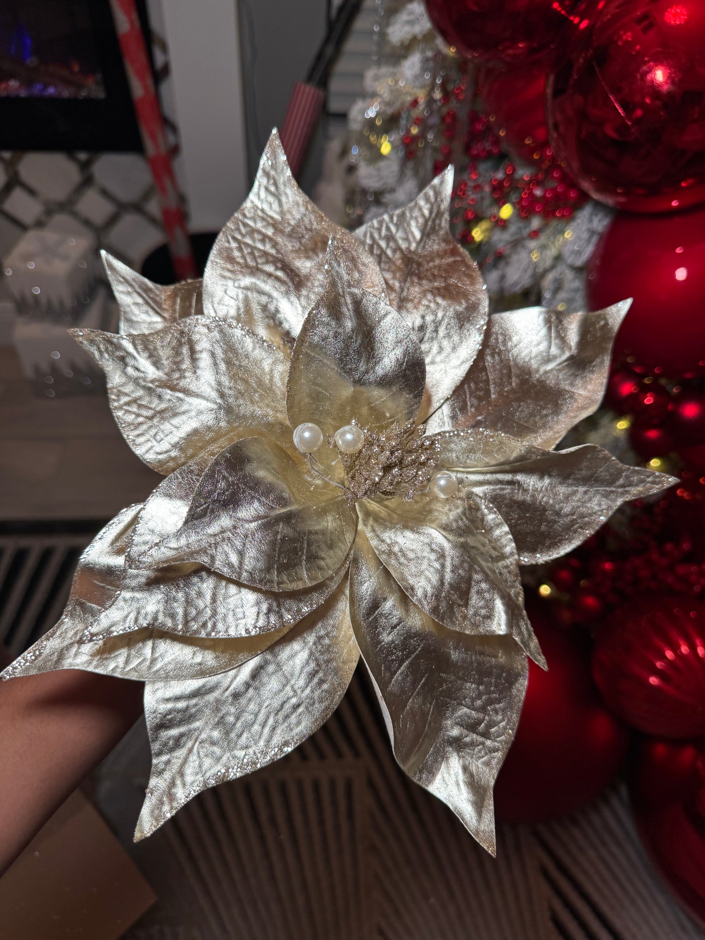 Metallic Champagne Pearl Poinsettia Christmas Flower Stem Spray 13'' Set of 3