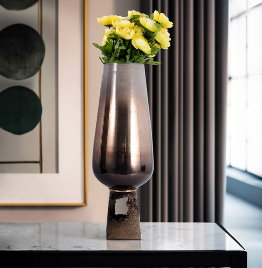 Elisa Champagne Glass Vase With Metal Base Sleek Design