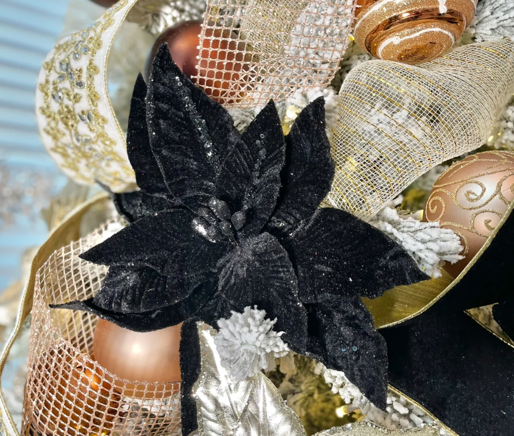 Elegant Black Velvet Glitter Poinsettia Flower set of 3 Flower