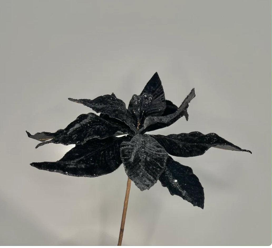 Elegant Black Velvet Glitter Poinsettia Flower set of 3 Flower