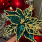 Green and Gold Glittered Poinsettia Christmas Flower Stem Spray 13'' Set of 3