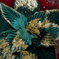 Emerald Green and Gold Velvet Poinsettia Christmas Flower Stem Spray 13'' Set of 3