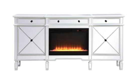 Scarlett II Contemporary Mirrored Credenza with Crystal Fireplace in Antique White