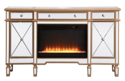 Mila Contemporary Mirrored Credenza with Wood Fireplace in Antique Gold