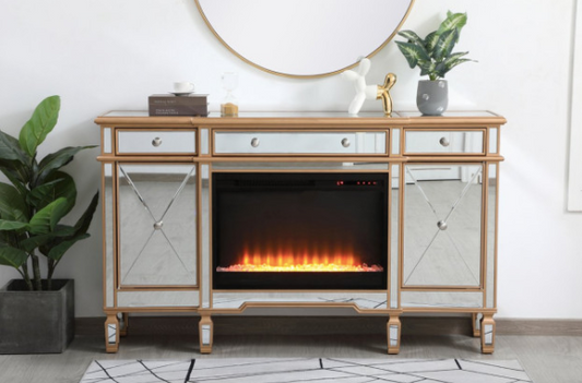 Mila Contemporary Mirrored Credenza with Wood Fireplace in Antique Gold